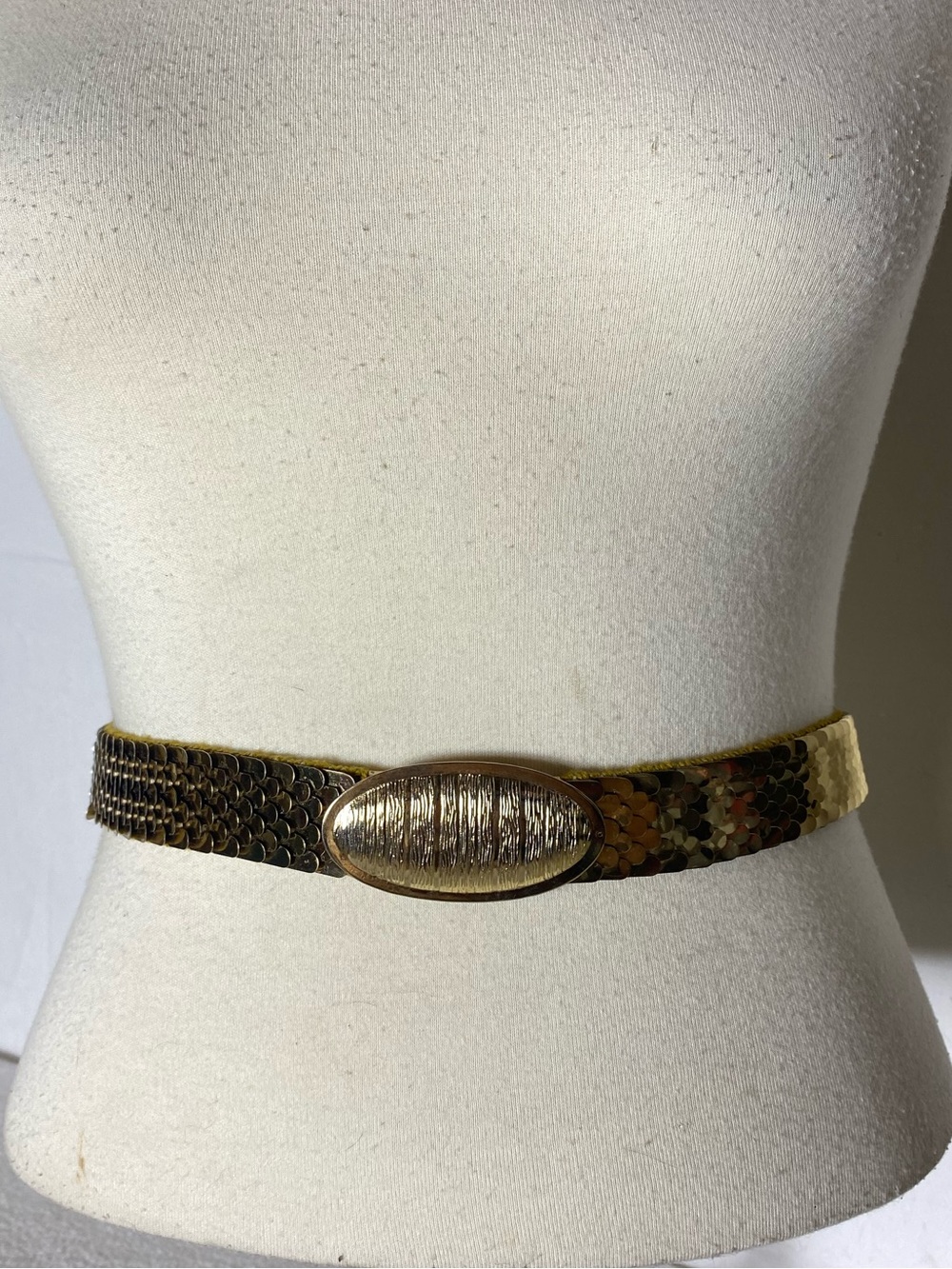 Vintage 70s 80s Gold Tone Fish Scale Stretch Belt with Ornate Oval Buckle